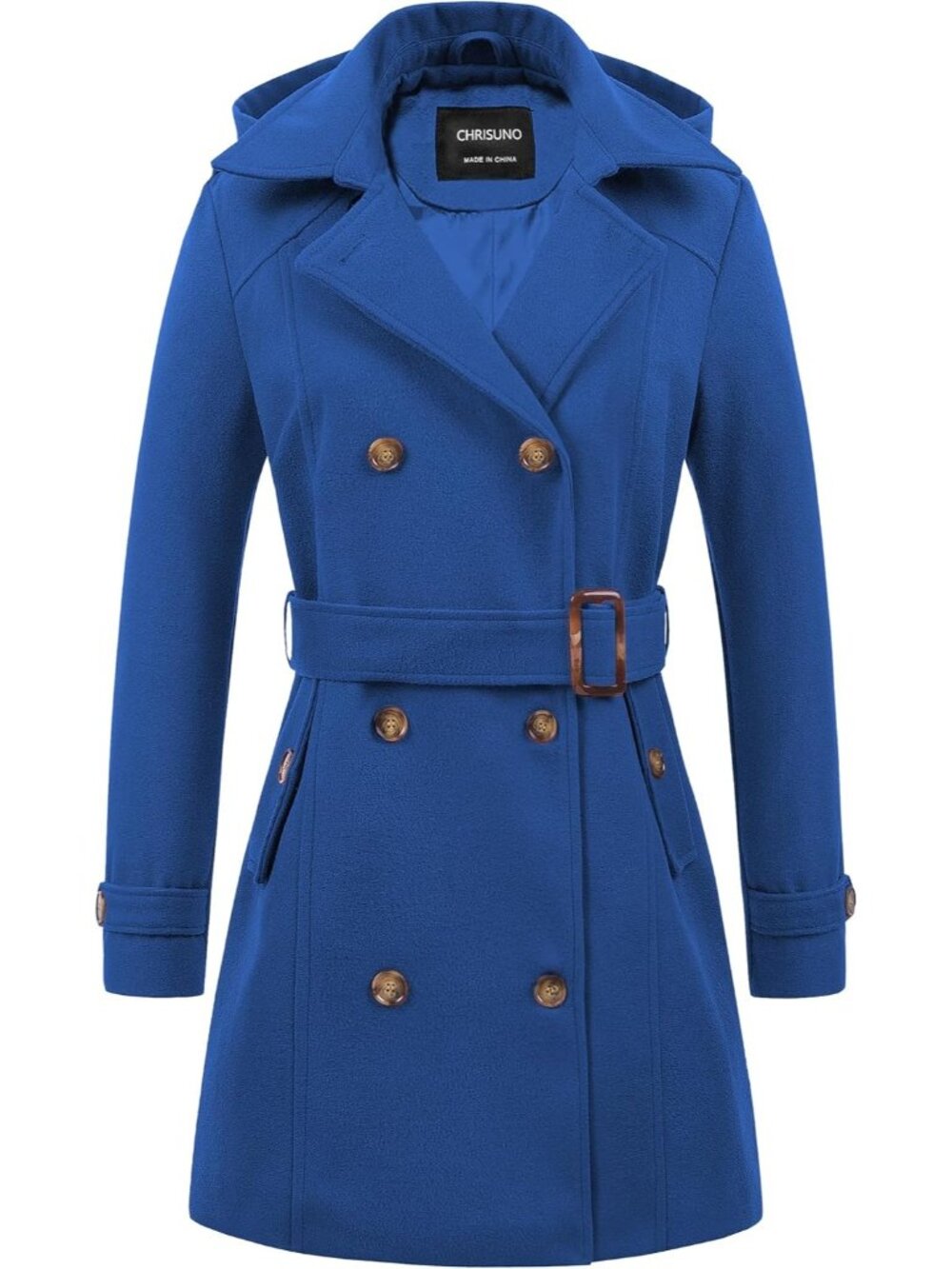 Women's Sapphire Detachable Hood Double Breasted Belted Mid-Length Trench Coat